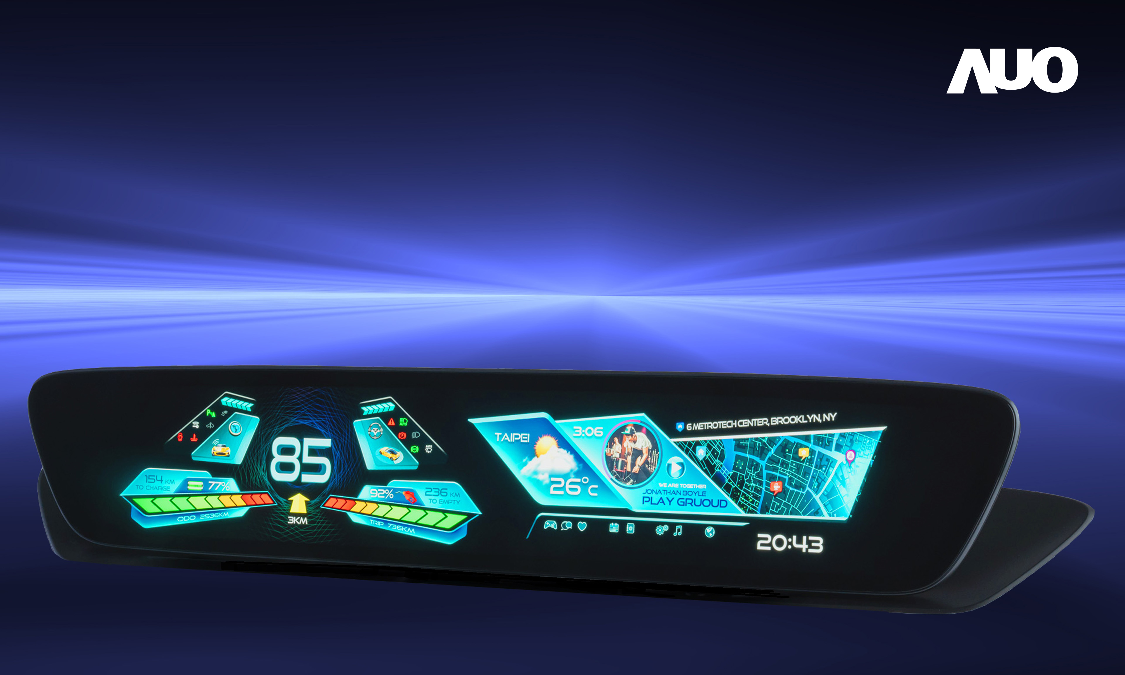 友達30.4吋異形曲面AmLED車載顯示系統，為一兼具儀表板及中控台人機介面的創新車載顯示系統，結合美學設計，提升車內科技沉浸感及使用體驗，讓車載顯示的未來應用更加多元化