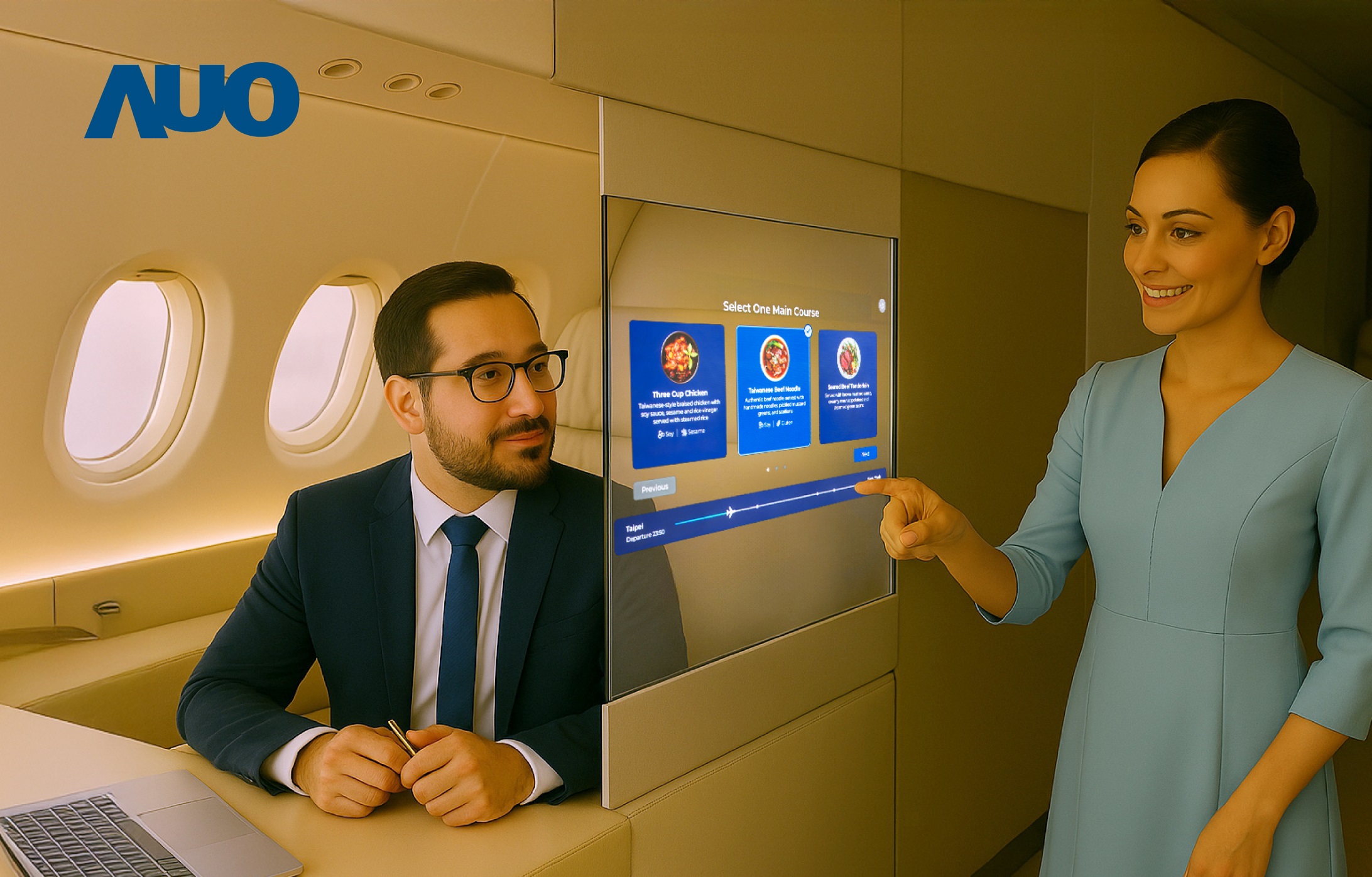 友達研發全球最薄17.3 吋雙面透明 Micro LED 顯示器，可在同一螢幕之雙邊投射不同資訊，創造獨特的「透明化」互動；圖為即時翻譯交流應用情境