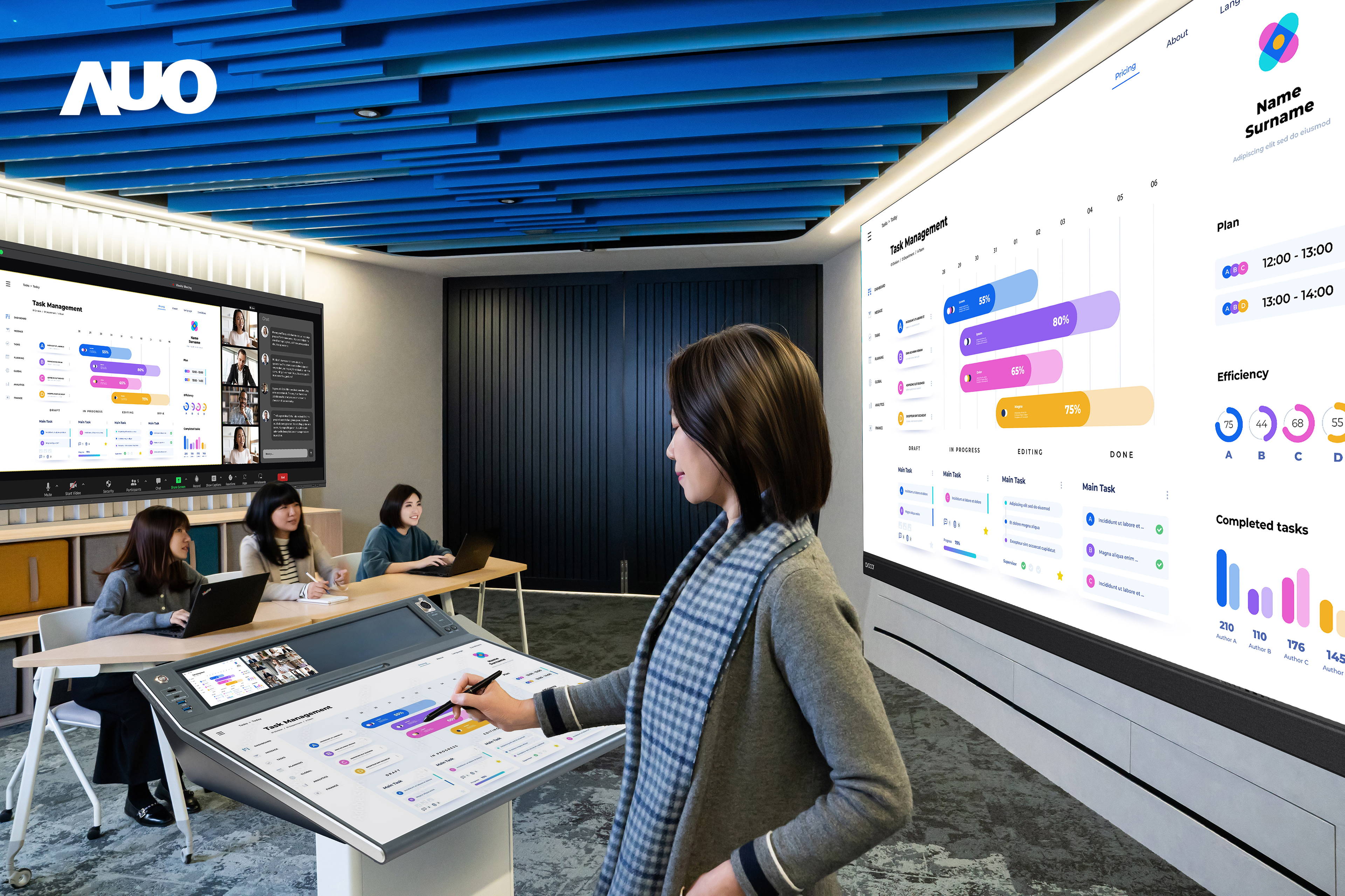 達擎攜手Avocor與Rise Vision展示全方位商務領域應用，包含採用模組化設計的138吋一體式All-in-One LED顯示器及具21:9超寬比例的92吋互動式電子白板（IFPD），講者可輕鬆分享內容，有效提升會議協作效率。